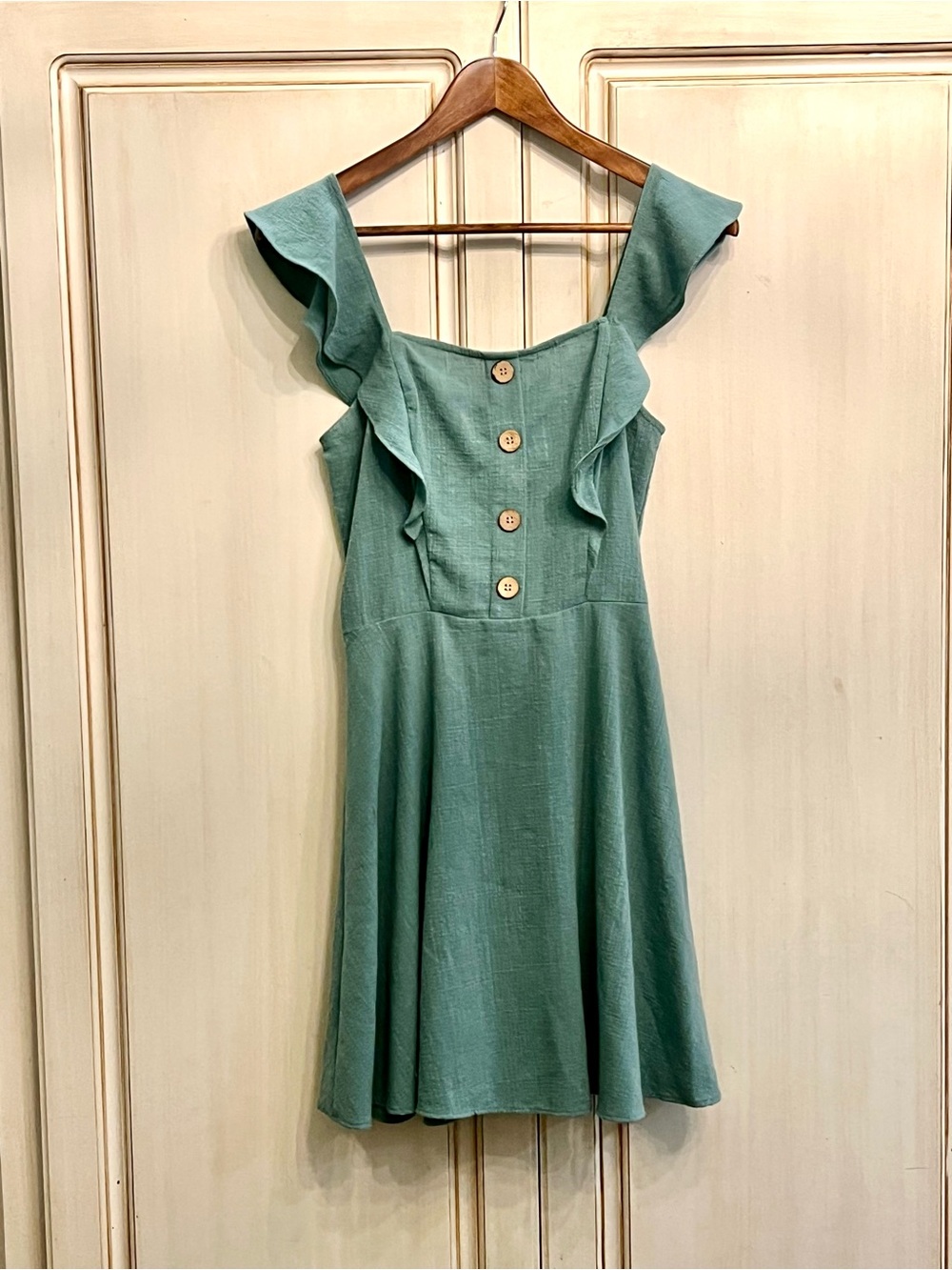 A. Byer Ruffle Sleeveless Mini Dress Size S Sage Green Button Accent Cottagecore